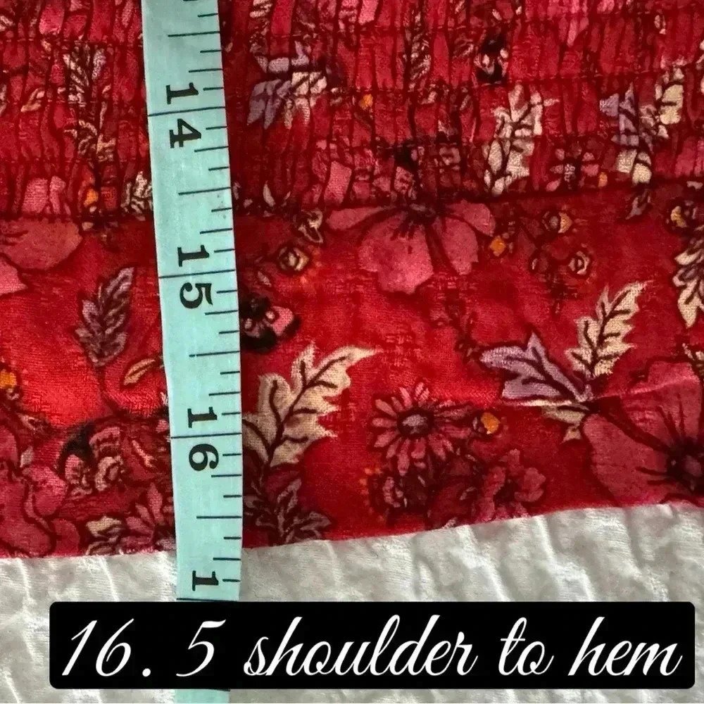 New B.O.G. Collective Band Of The Free Boho Red Floral Blouse Smocked Crop Sz M - Picture 12 of 13